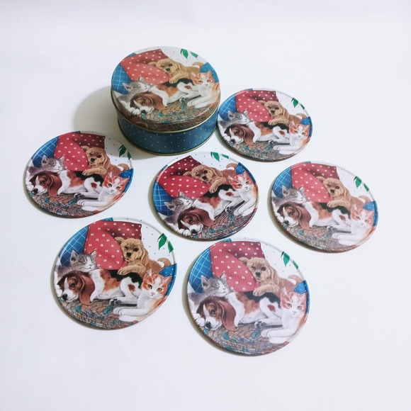 Sleeply Puppies & Kittens Metal Coasters w/ Cork Back Set of 6 In Tin (ebab) - Picture 1 of 4